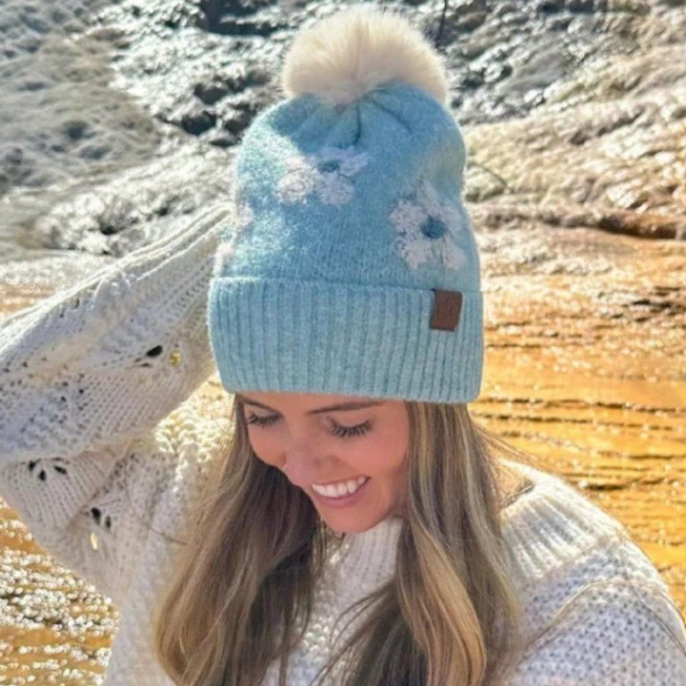 Darla Daisy Contrast Fur Pom Beanie - Mint
